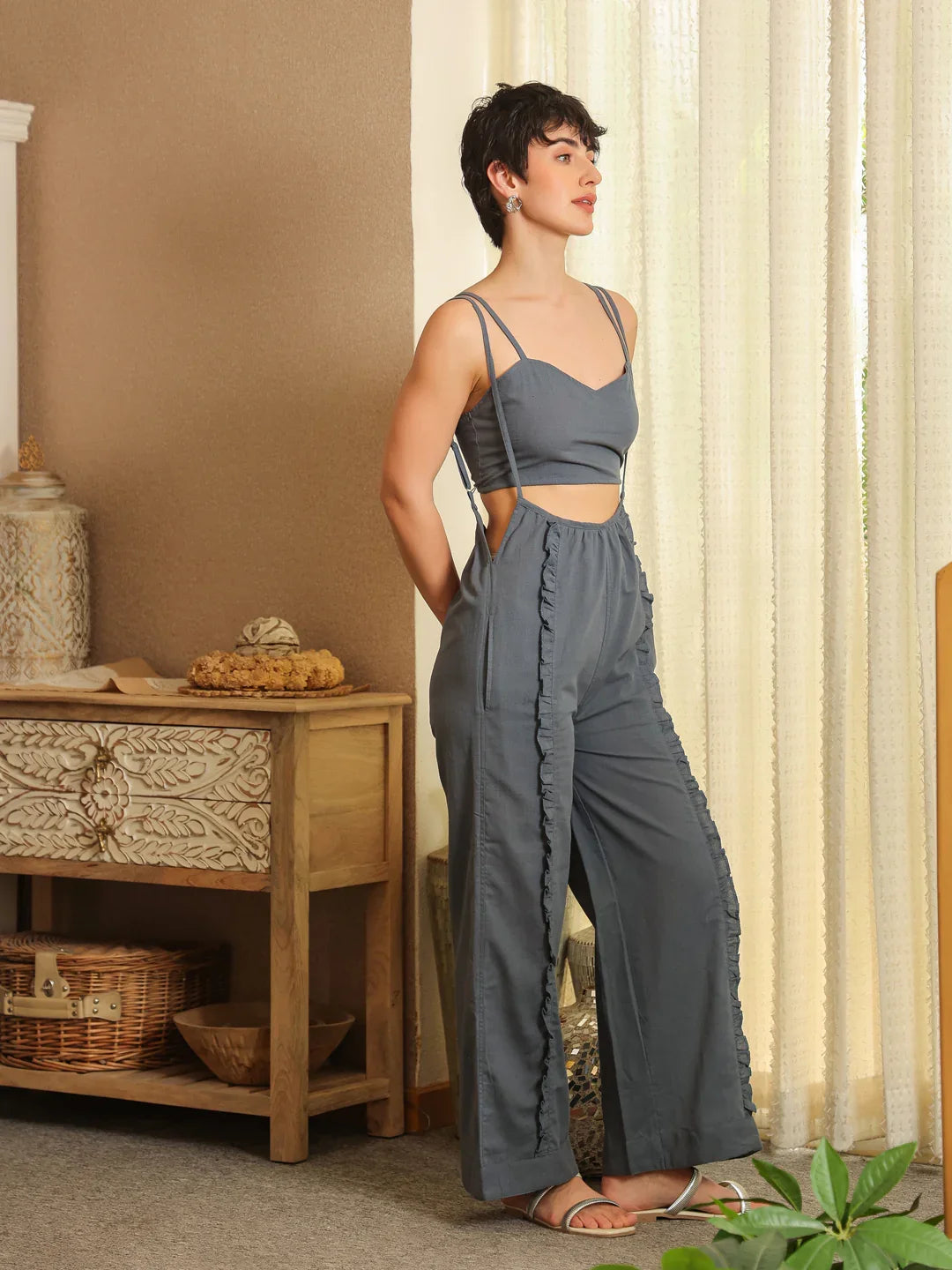 Blue V-Neck Pure Cotton Solid Top Co-ords Set for Women - SanskrutiHomes