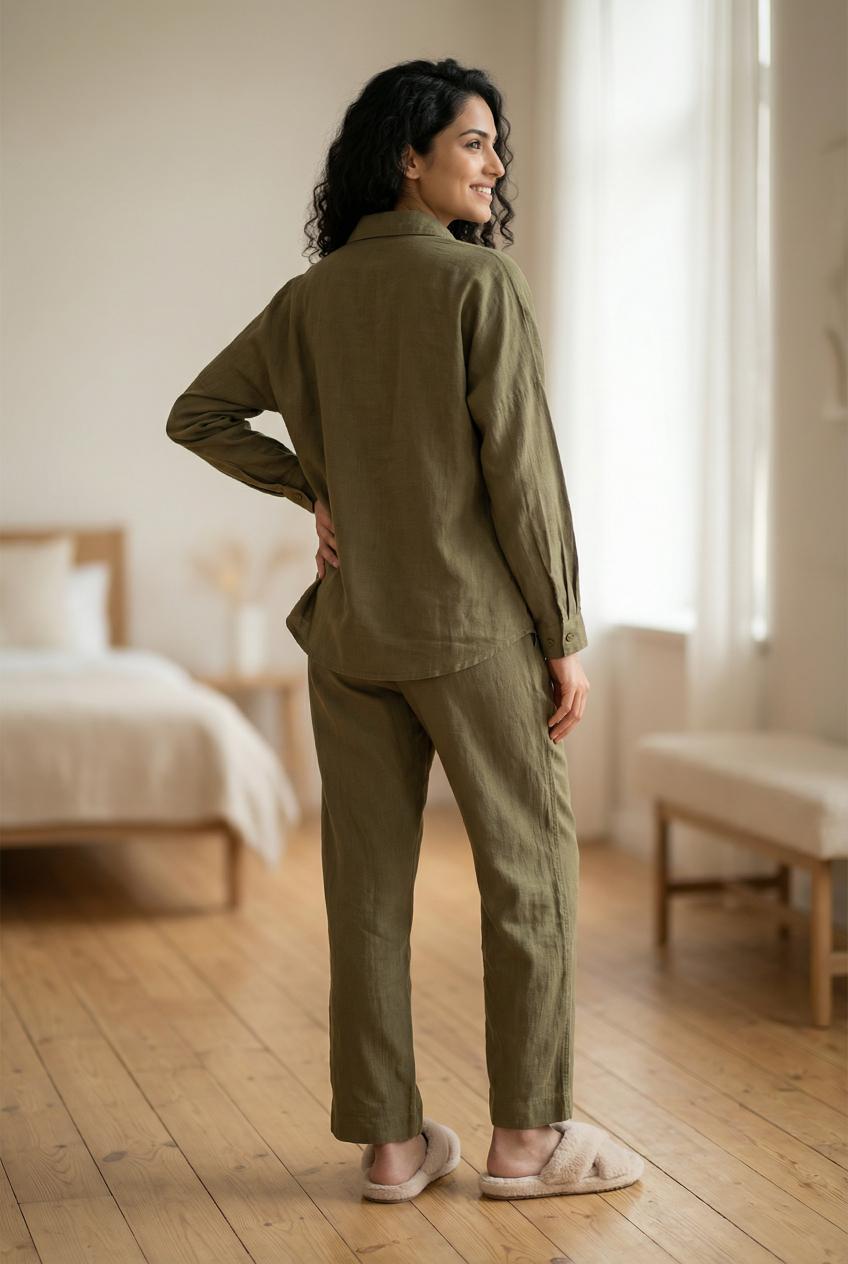 Olive Solid Shirt Collar Pure Cotton Co-Ords Set For Women