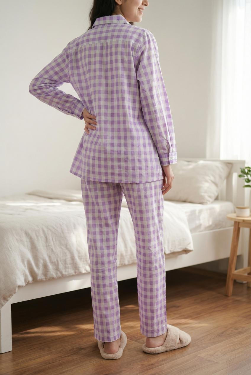 Purple Check Printed Cotton Co-Ords Set For Women