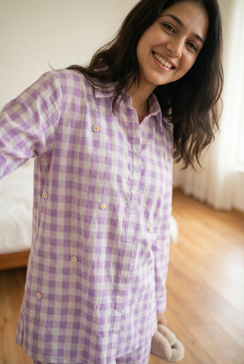 Purple Check Printed Cotton Co-Ords Set For Women