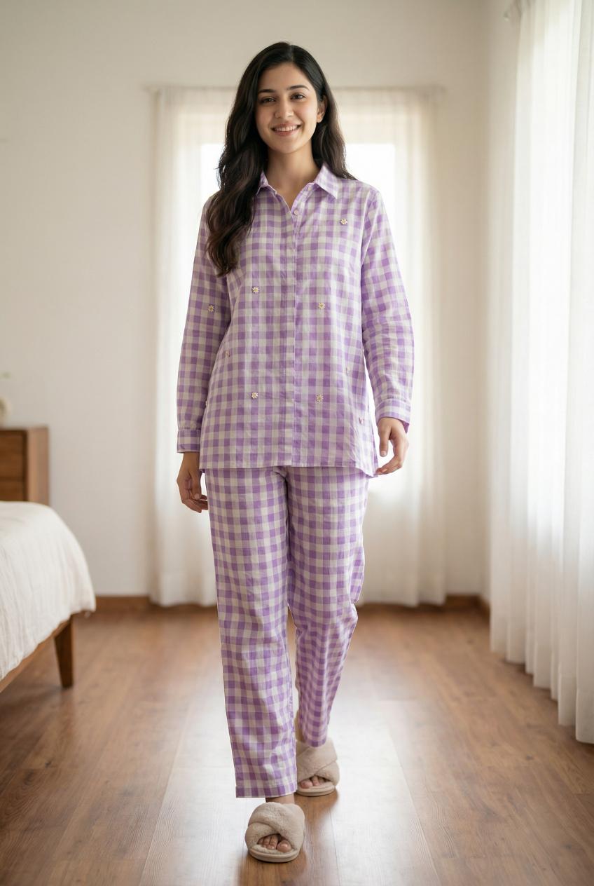 Purple Check Printed Cotton Co-Ords Set For Women