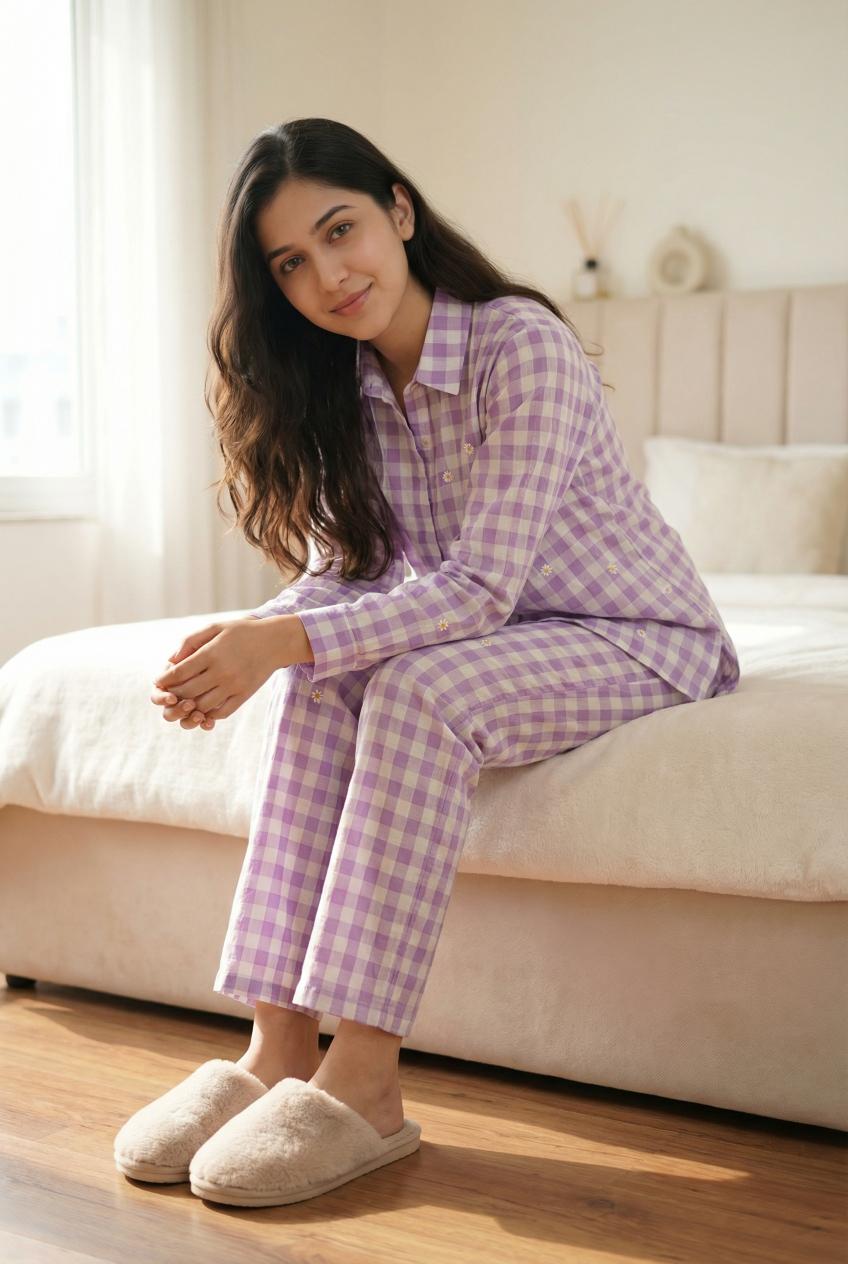 Purple Check Printed Cotton Co-Ords Set For Women
