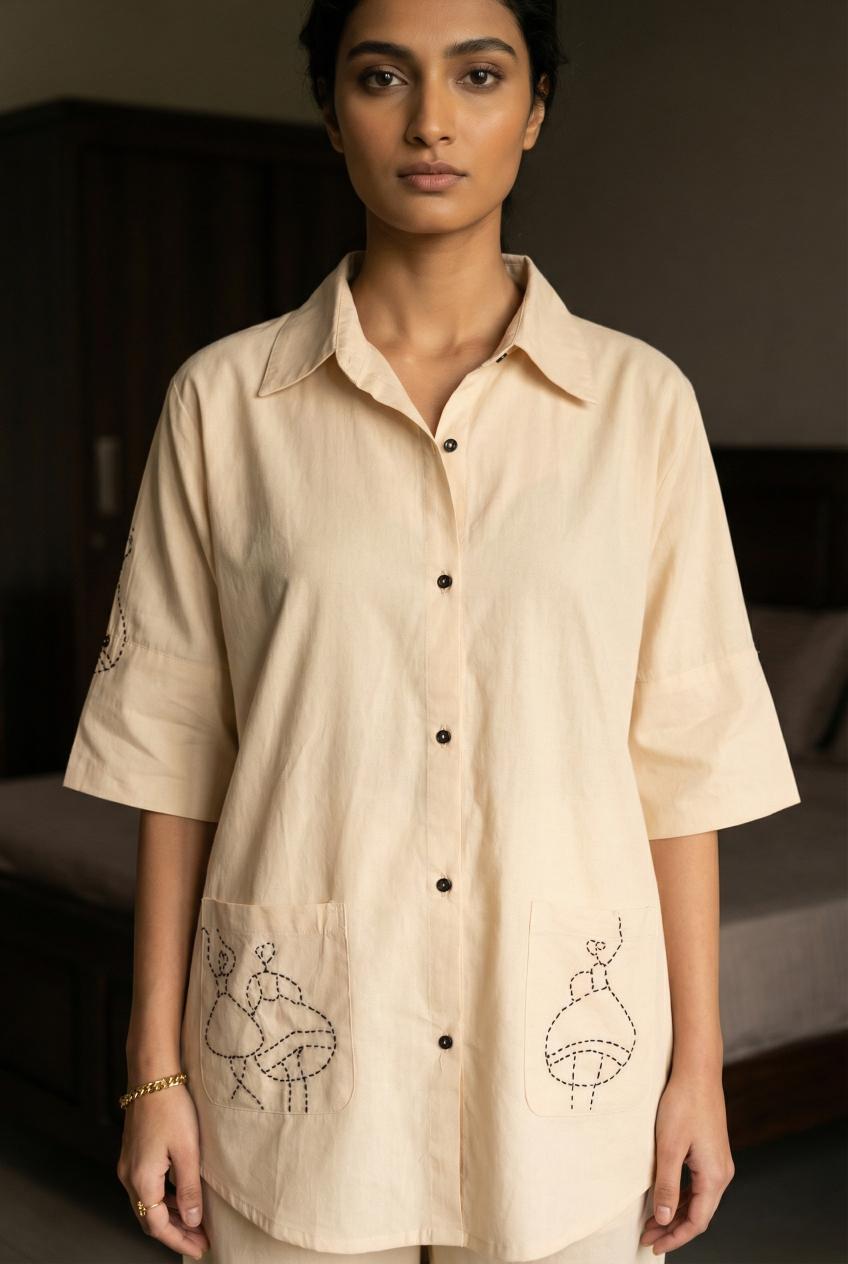 Cream Shirt Collar Embroidered Pure Cotton Co-Ord Set For Women