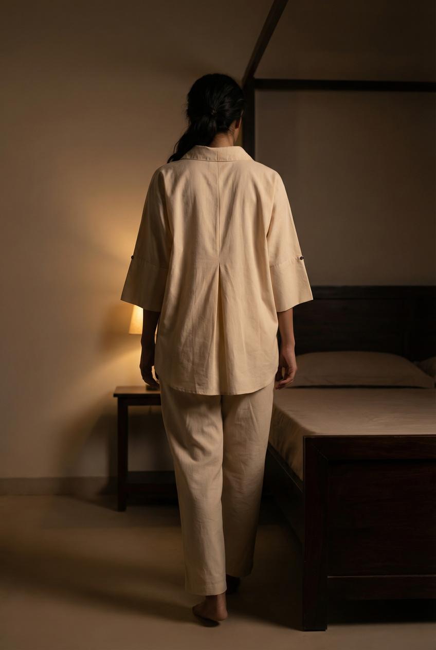 Cream Shirt Collar Embroidered Pure Cotton Co-Ord Set For Women