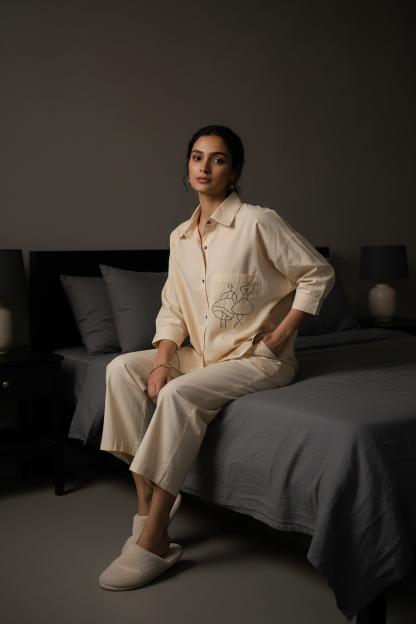 Cream Shirt Collar Embroidered Pure Cotton Co-Ord Set For Women