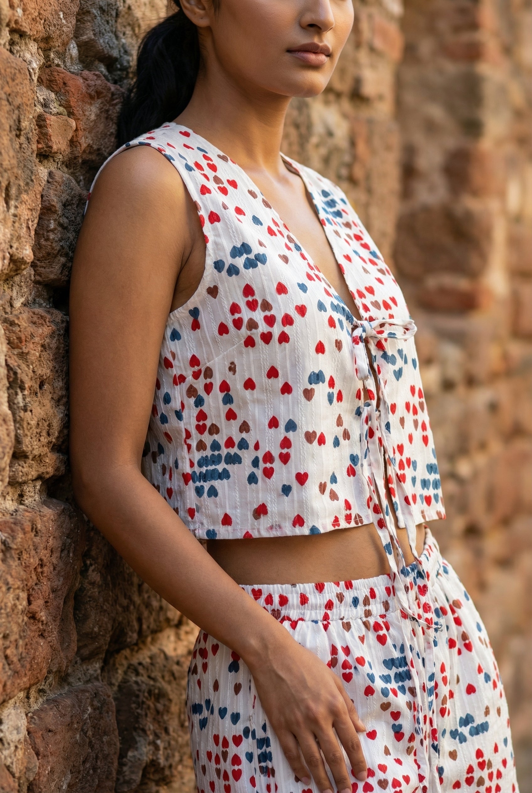 White Printed V-Neck Pure Cotton Co-Ord Set for Women