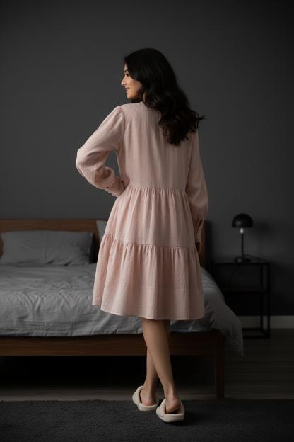 Pink Solid Print Round Neck Dress For Women