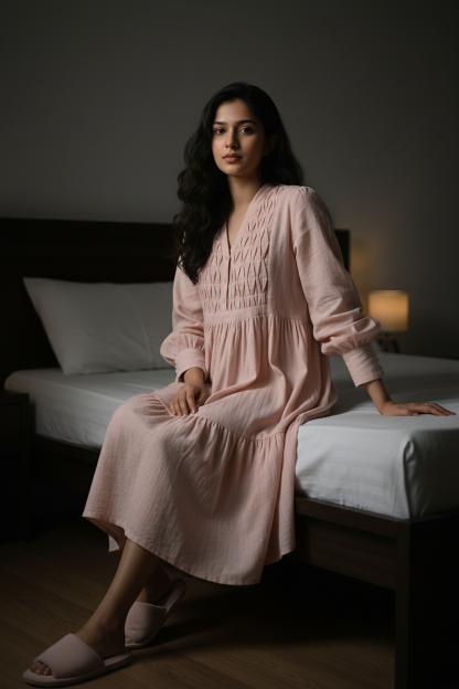 Pink Solid Print Round Neck Dress For Women