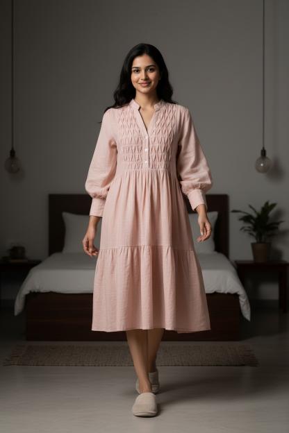 Pink Solid Print Round Neck Dress For Women