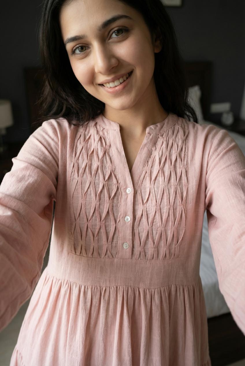 Pink Solid Print Round Neck Dress For Women