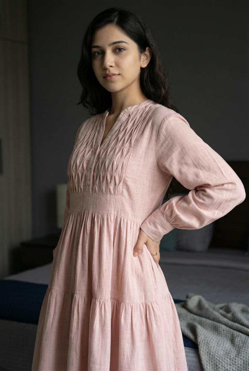 Pink Solid Print Round Neck Dress For Women