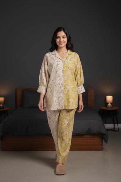 Lime Green Floral Print Shirt Collar Pure Cotton Co-Ords Set For Women