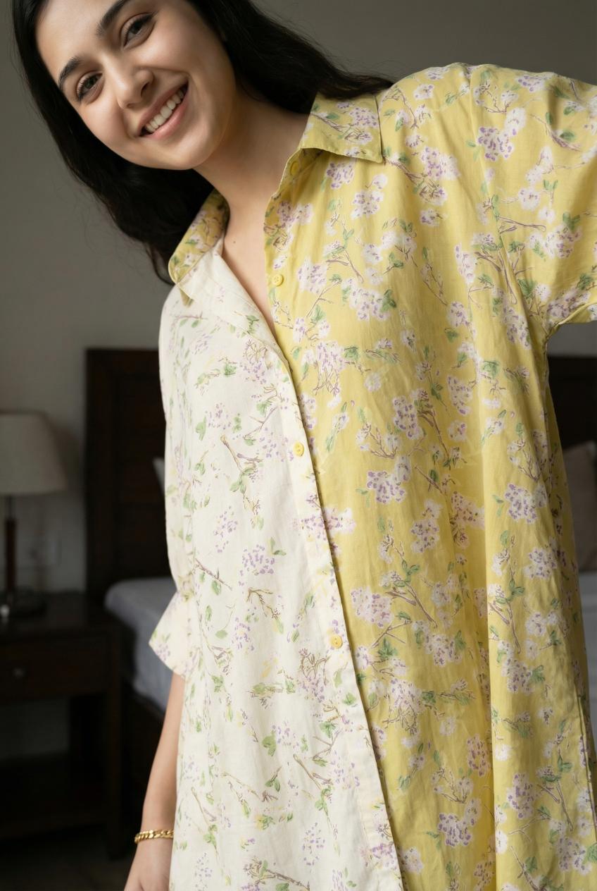 Lime Green Floral Print Shirt Collar Pure Cotton Co-Ords Set For Women