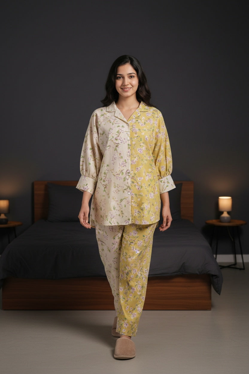 Lime Green Floral Print Shirt Collar Pure Cotton Oversize Co-Ords Set For Women