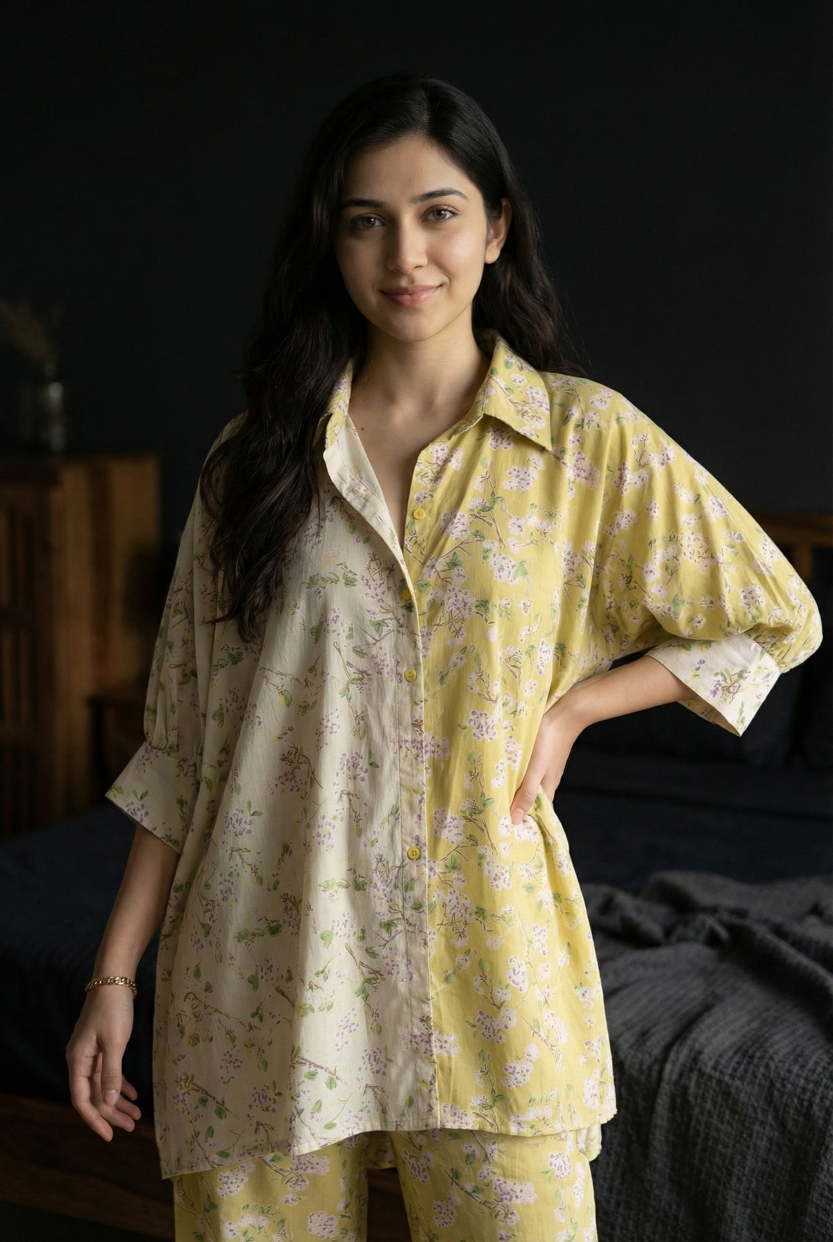 Lime Green Floral Print Shirt Collar Pure Cotton Oversize Co-Ords Set For Women