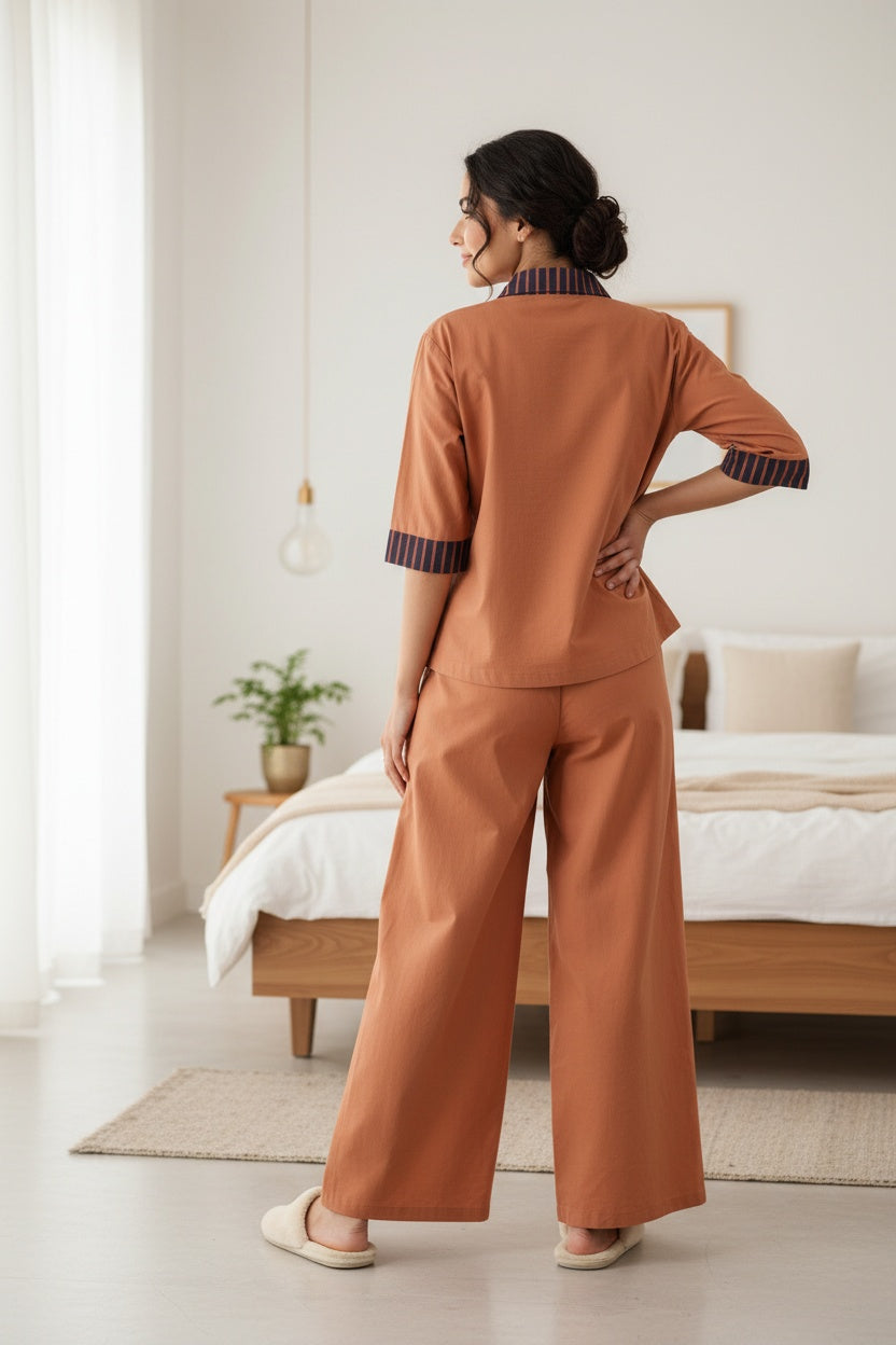 Brown Shirt Collar Embroidered Co-Ord Set For Women