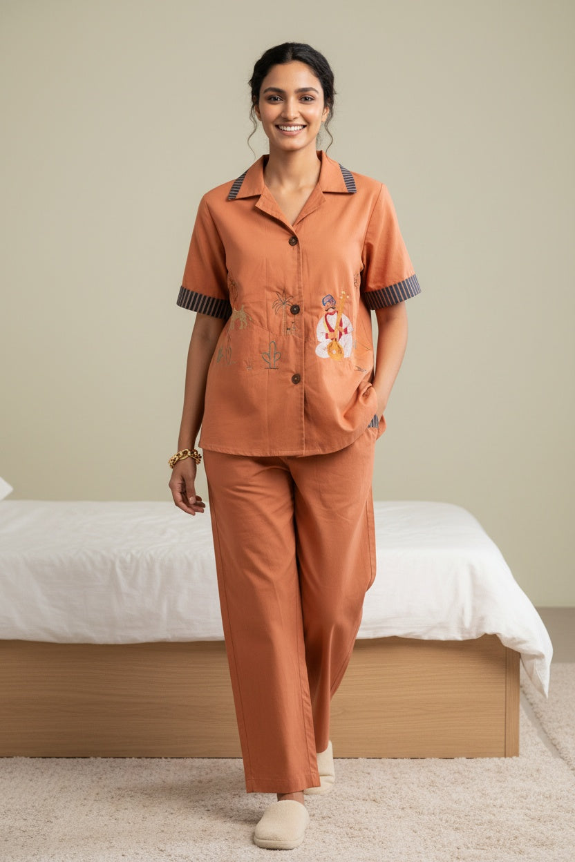 Brown Shirt Collar Embroidered Co-Ord Set For Women