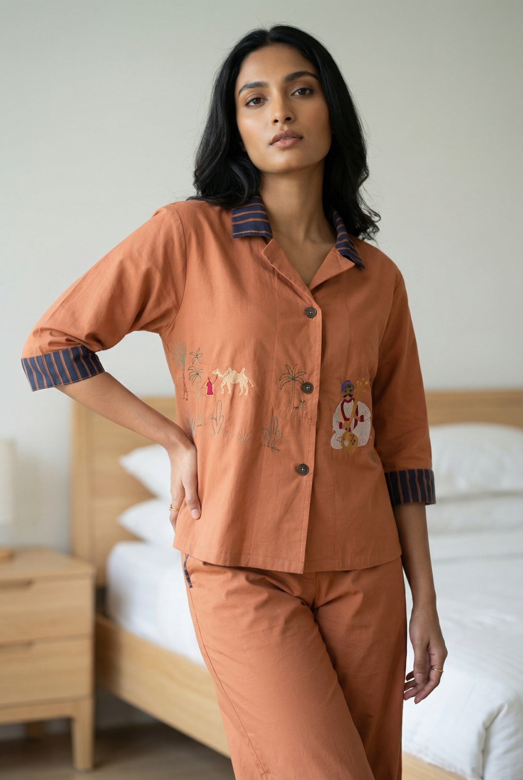 Brown Shirt Collar Embroidered Co-Ord Set For Women