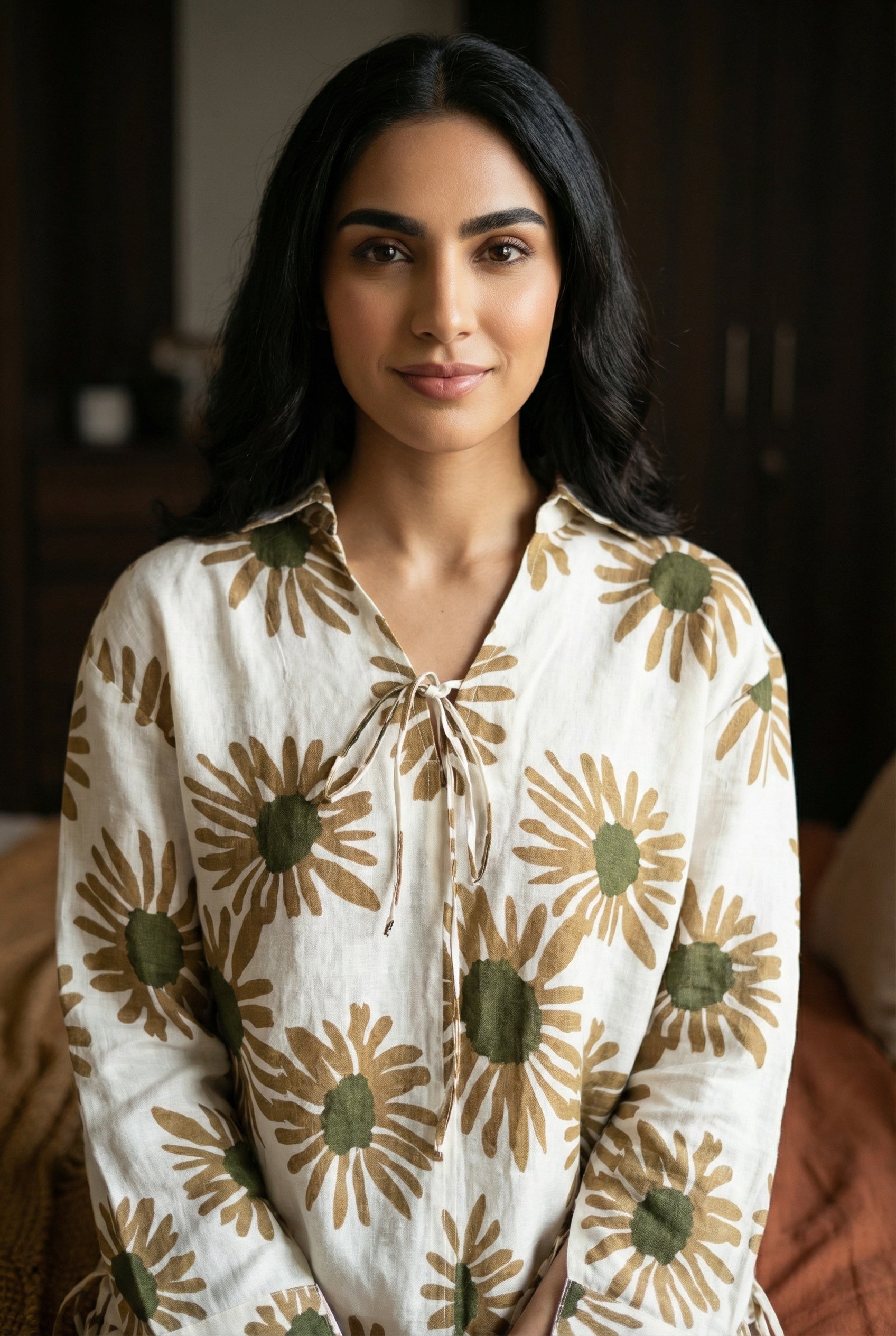 Cream Color Floral Print V-Neck Linen Co-Ords Set