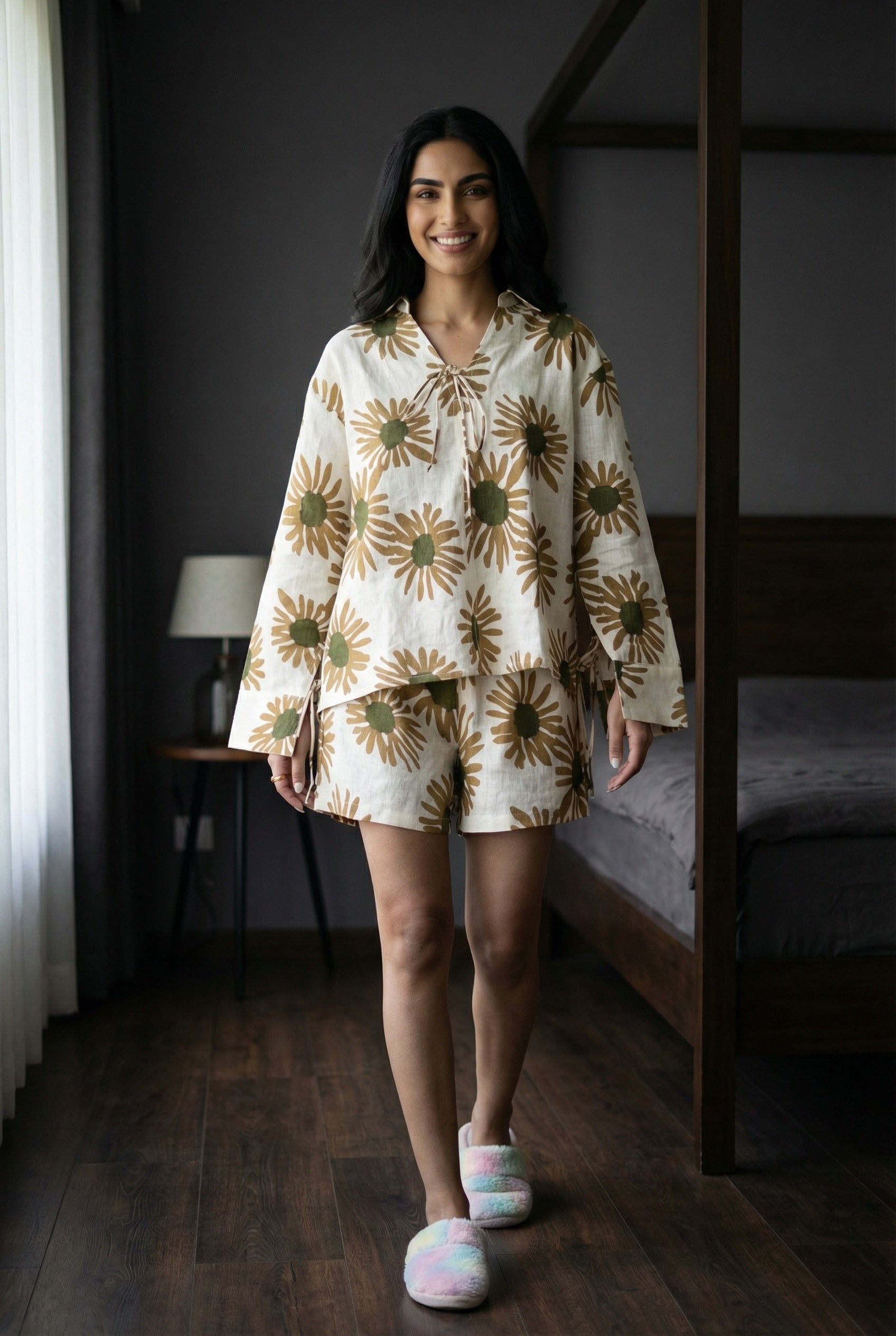 Cream Color Floral Print V-Neck Linen Co-Ords Set