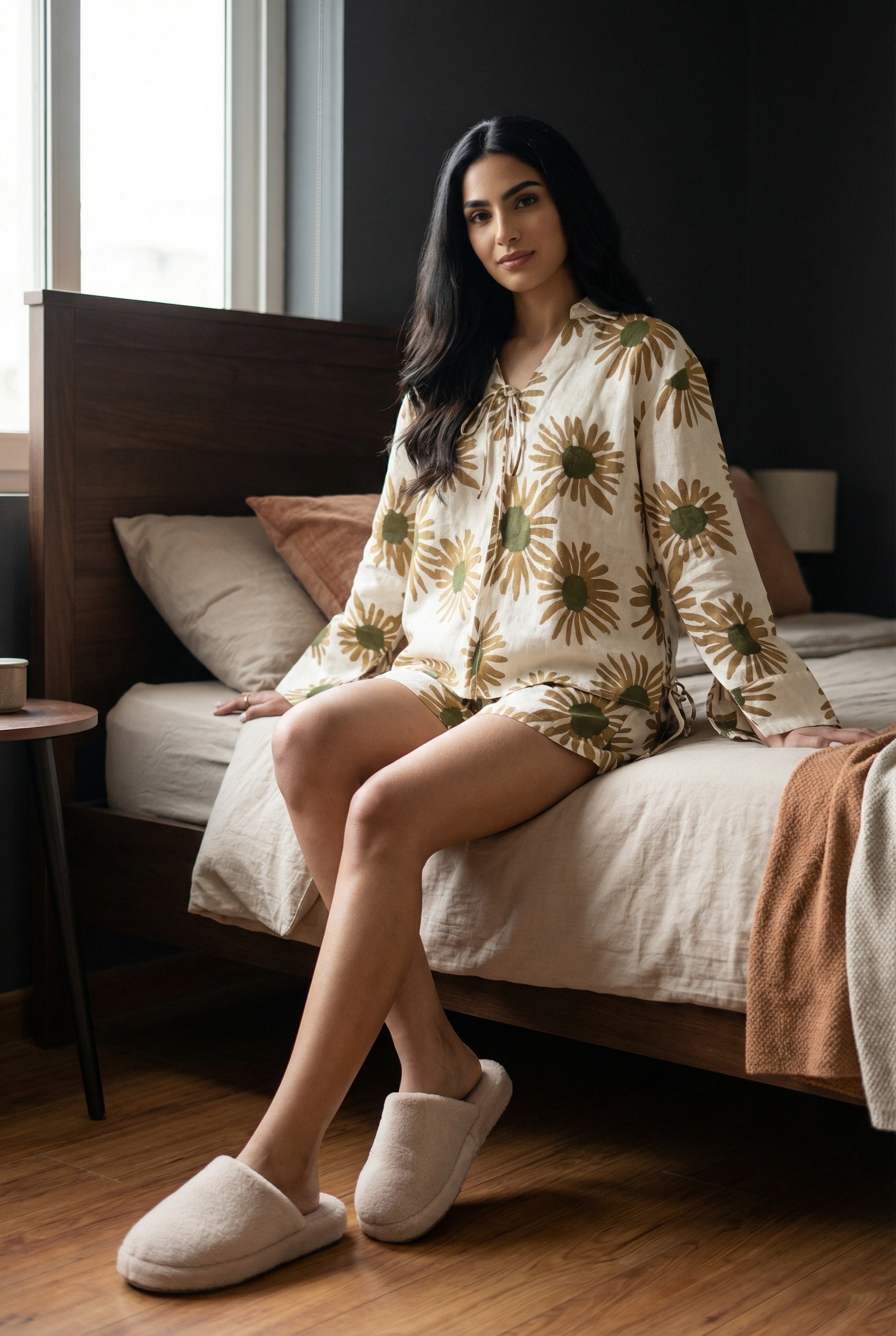 Cream Color Floral Print V-Neck Linen Co-Ords Set