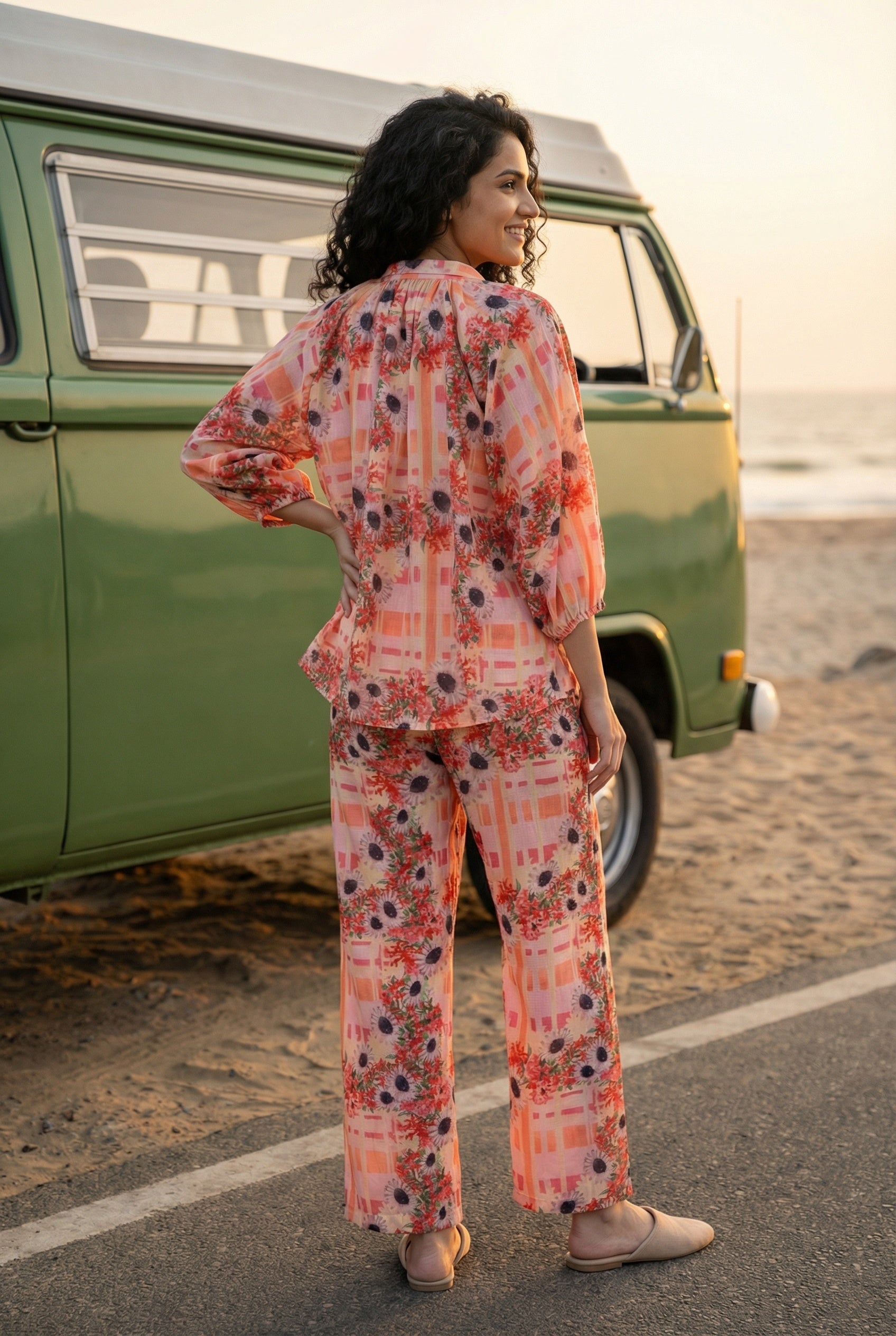 Red Shirt Collar Floral Printed Linen Co-Ord Set For Women