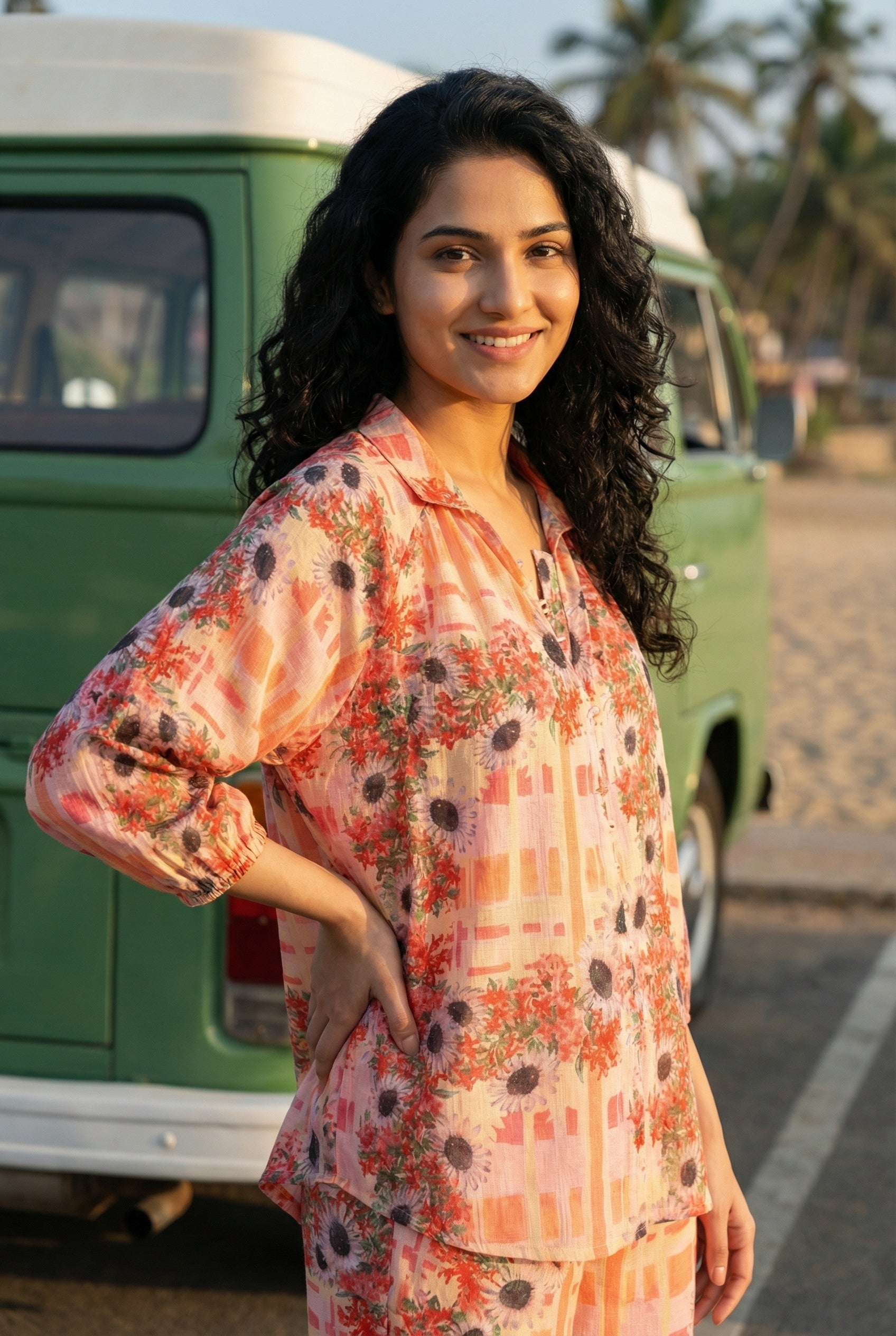 Red Shirt Collar Floral Printed Linen Co-Ord Set For Women