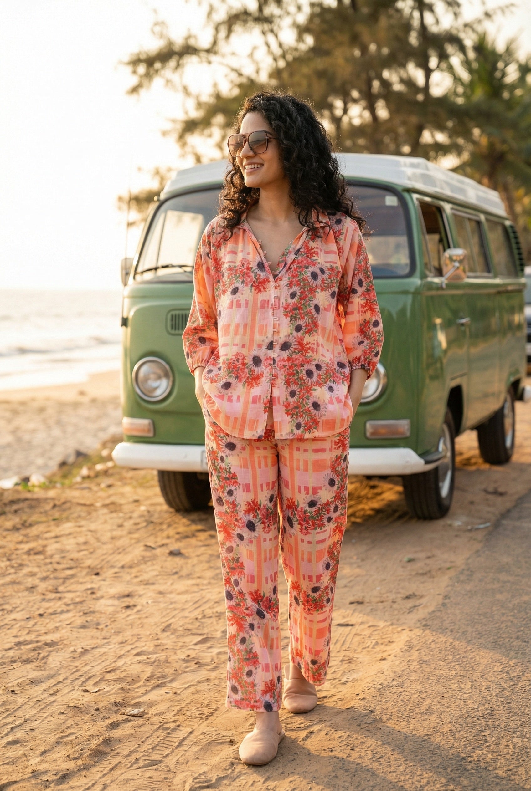 Red Shirt Collar Floral Printed Linen Co-Ord Set For Women