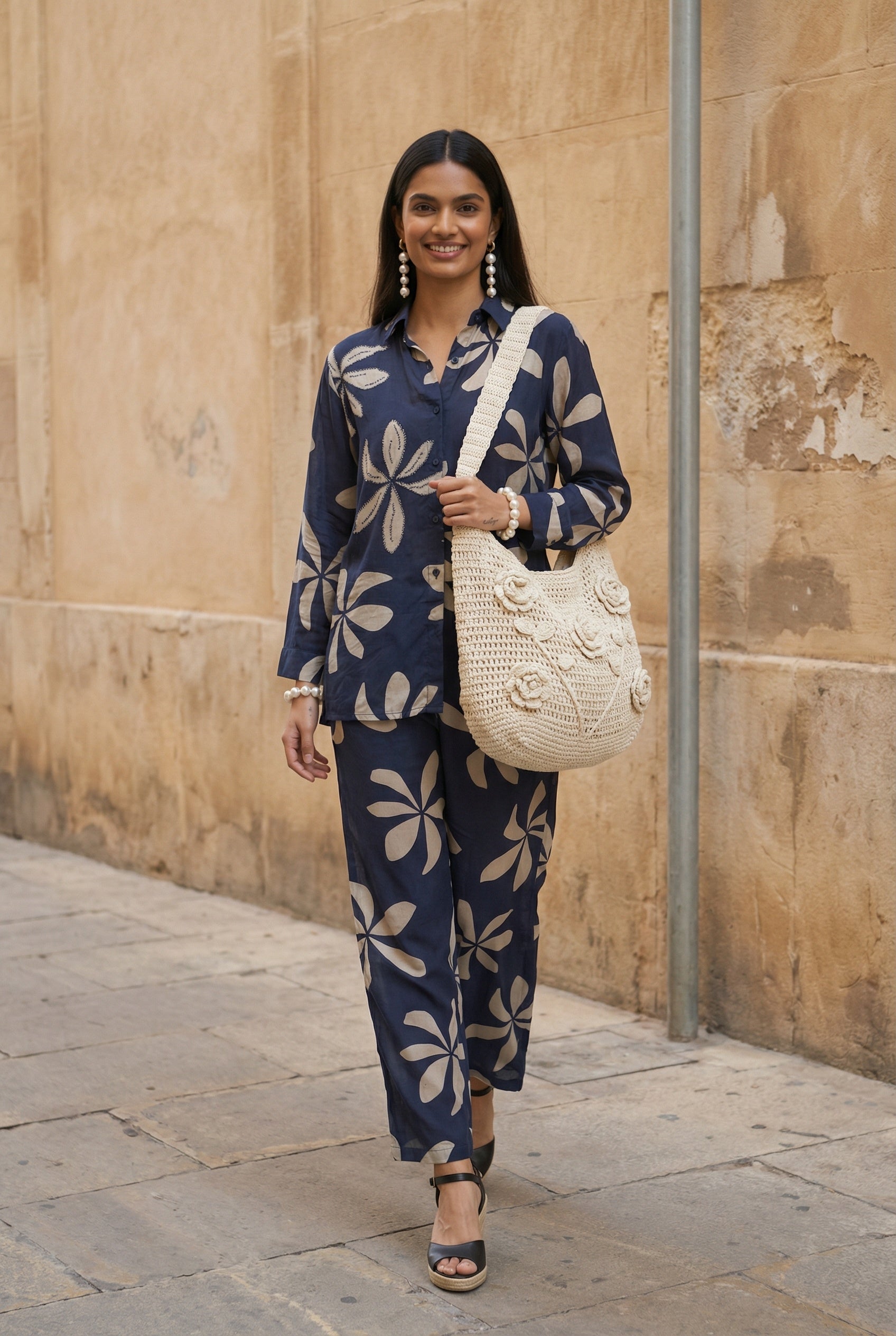 Navy Blue Motif Print Shirt Collar Co-Ord Set For Women
