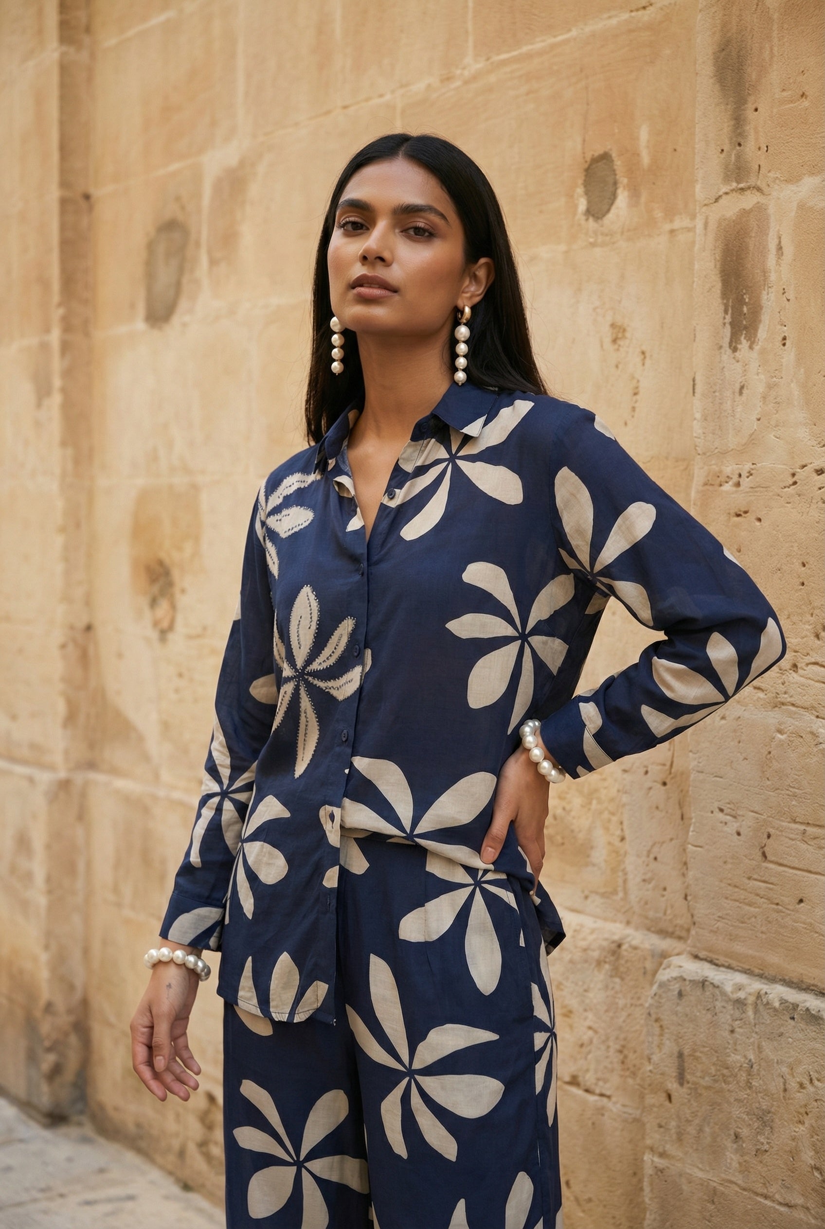 Navy Blue Motif Print Shirt Collar Co-Ord Set For Women