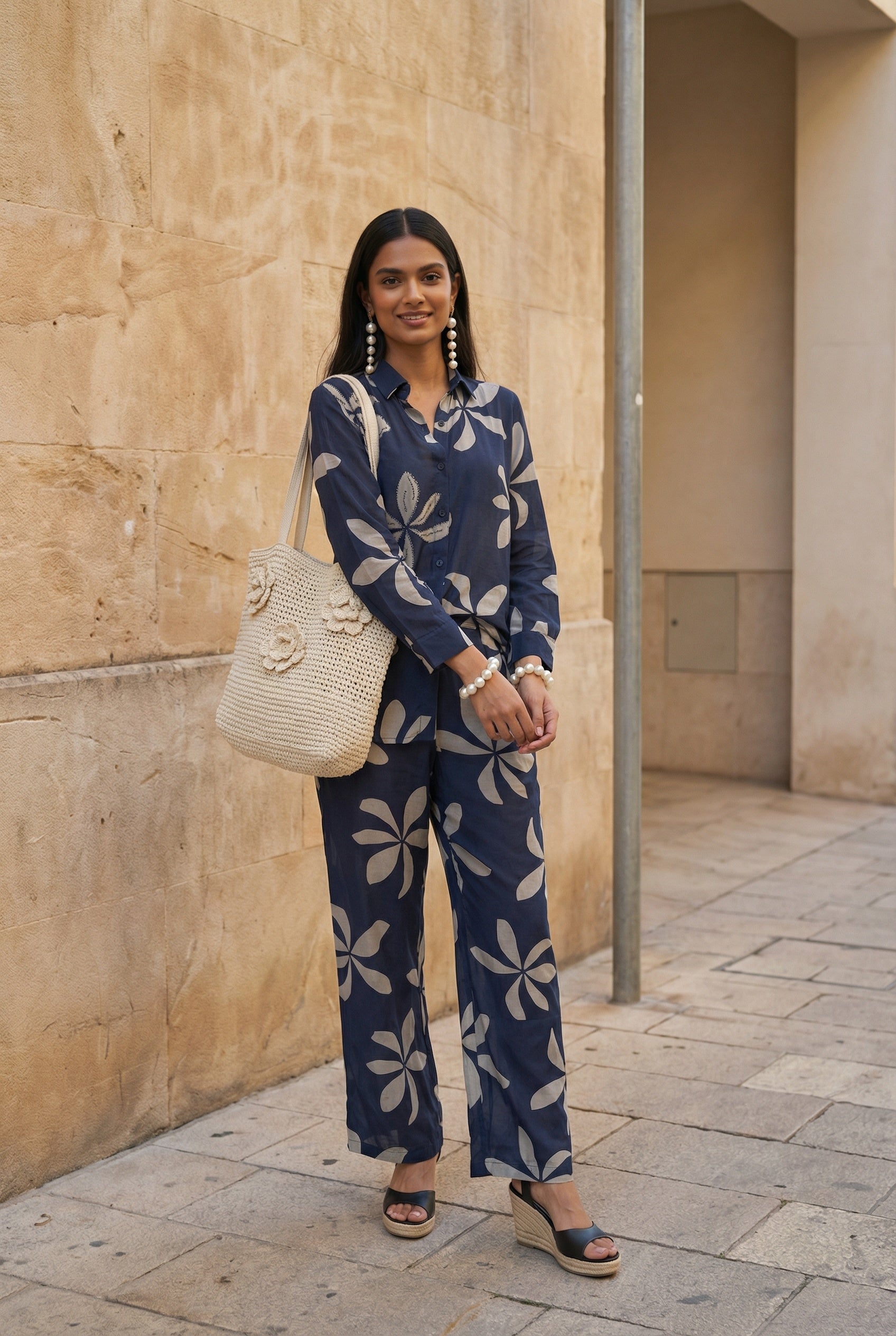 Navy Blue Motif Print Shirt Collar Co-Ord Set For Women