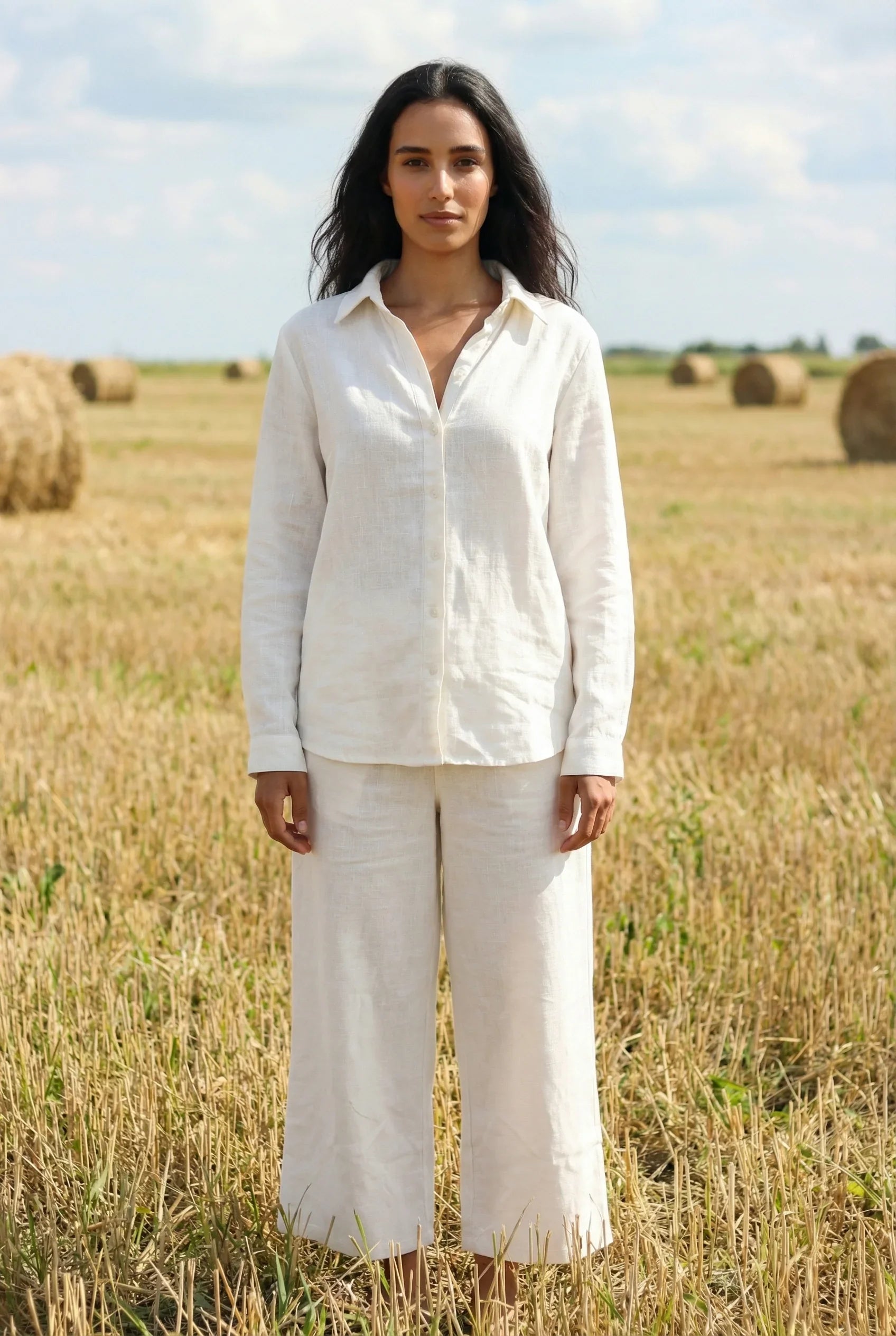 White Solid Print Shirt Collar Pure Cotton Co-ord Set for Women - SanskrutiHomes