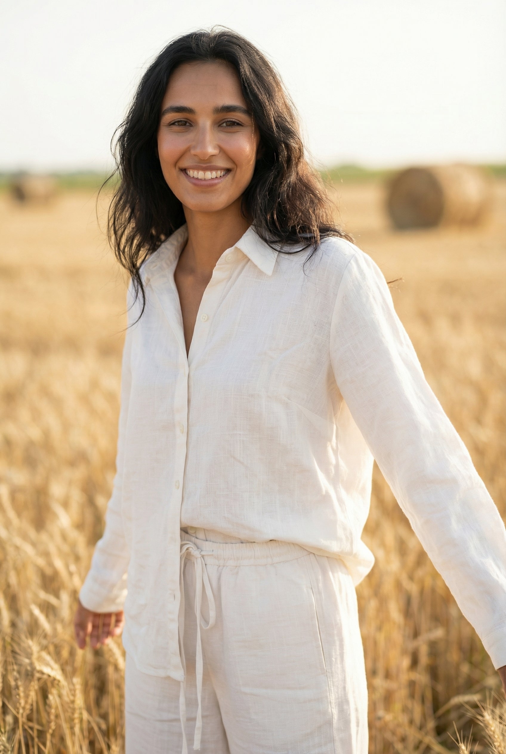 White Solid Print Shirt Collar Pure Cotton Co-ord Set for Women