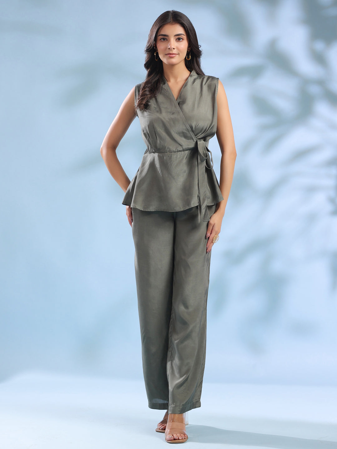 Grey Crossover Solid Winter Co-Ord Set For Women