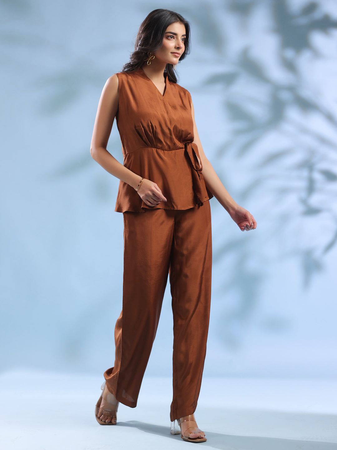 Brown Solid V-Neck Polyester Co-Ord Set For Women