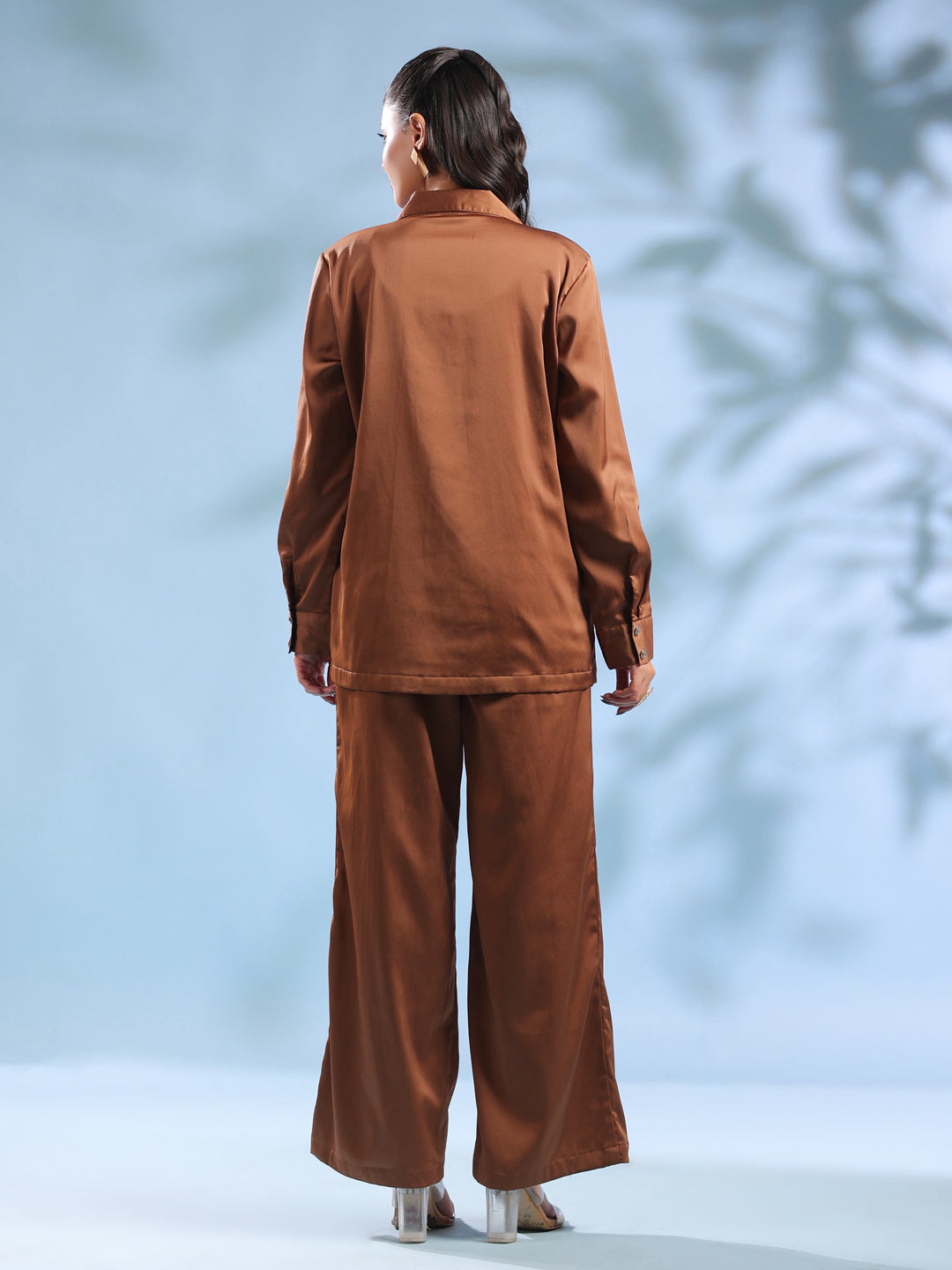 Rust Solid Shirt Collar Polyester Co-ord set for Women
