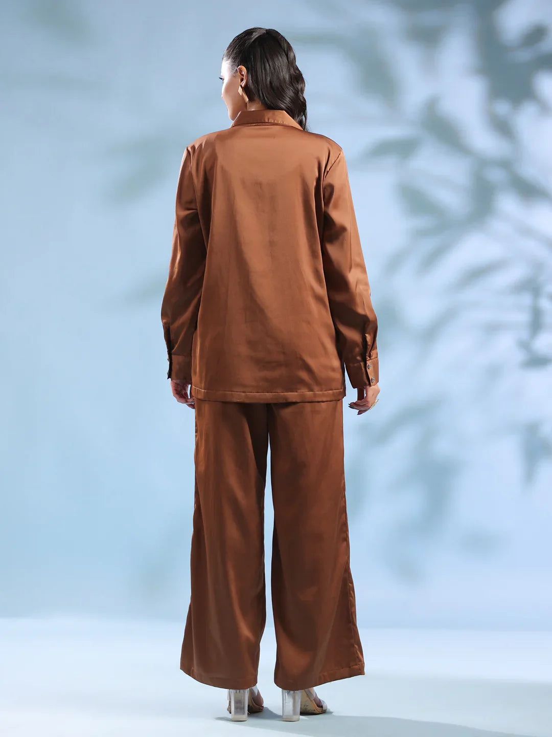 Rust Solid Shirt Collar Polyester Co-ord set for Women - SanskrutiHomes