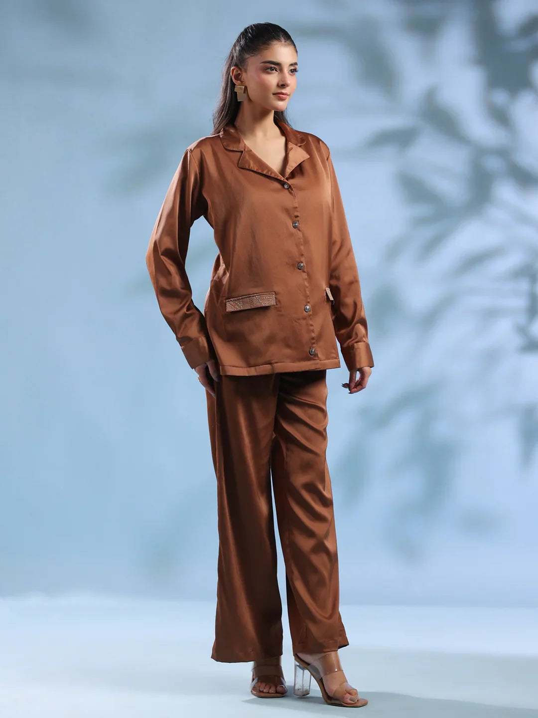 Rust Solid Shirt Collar Polyester Co-ord set for Women - SanskrutiHomes