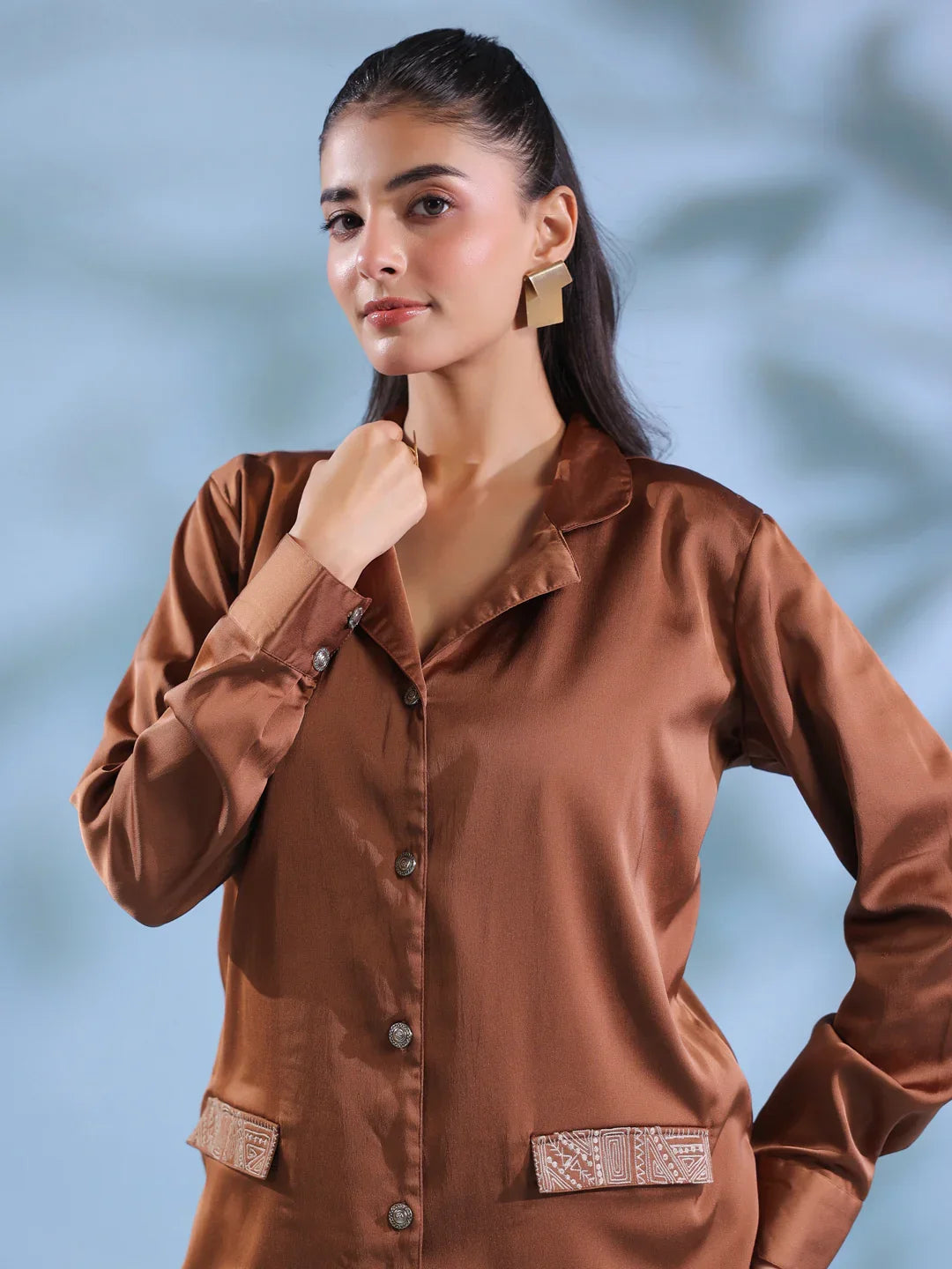 Rust Solid Shirt Collar Polyester Co-ord set for Women - SanskrutiHomes