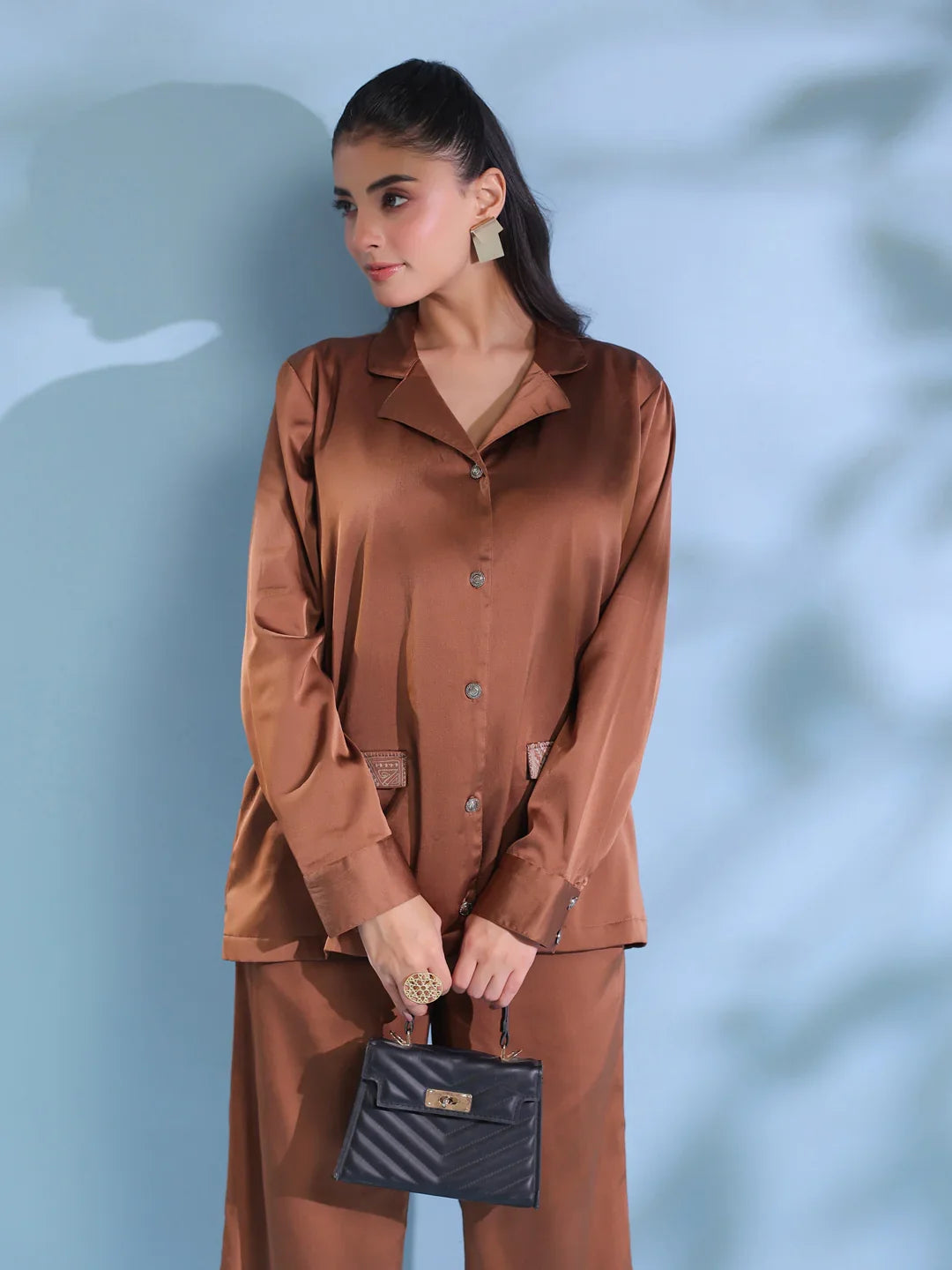 Rust Solid Shirt Collar Polyester Co-ord set for Women - SanskrutiHomes