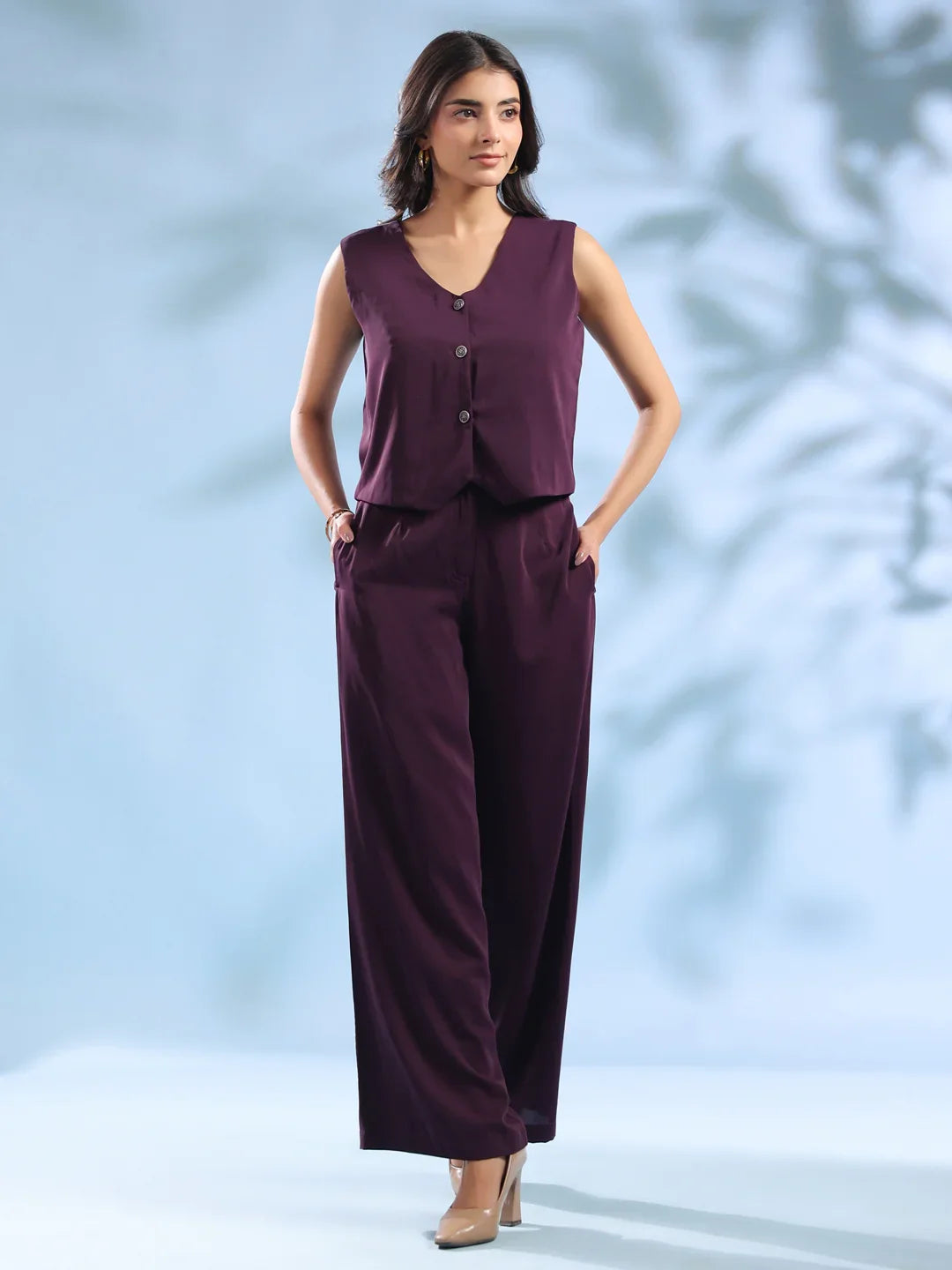 Purple Solid Shirt Collar Polyester Co-ord Set for Women - SanskrutiHomes