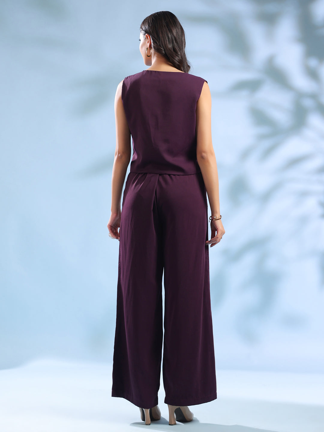 Purple Solid Shirt Collar Polyester Co-ord Set for Women