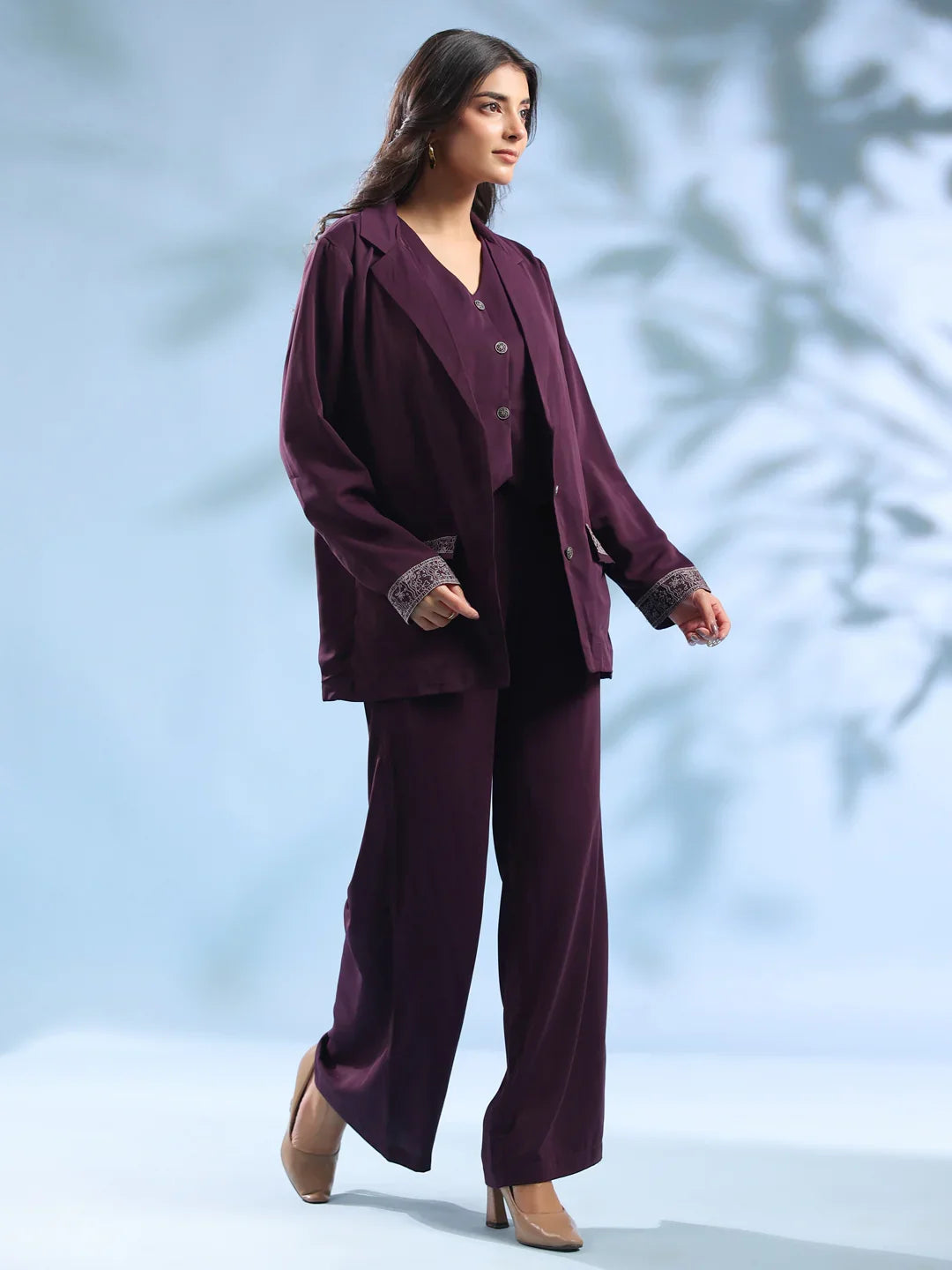 Purple Solid Shirt Collar Polyester Co-ord Set for Women - SanskrutiHomes