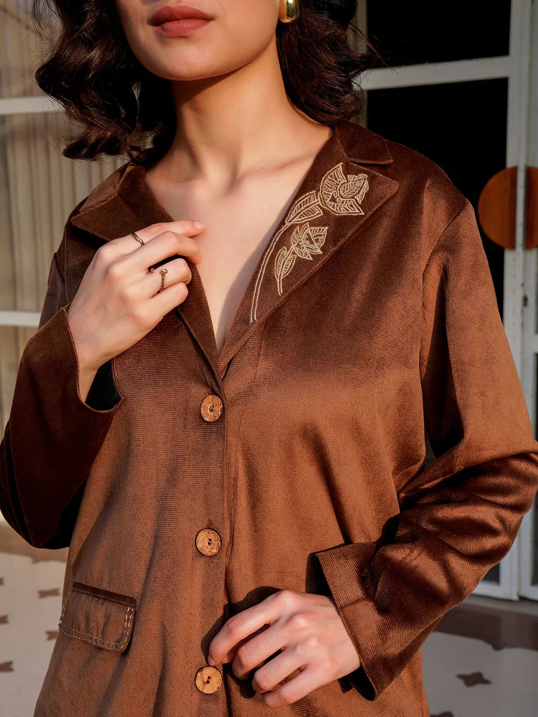 Brown Viscose Velvet Solid Shirt Collar Co-ords Set for Women - SanskrutiHomes