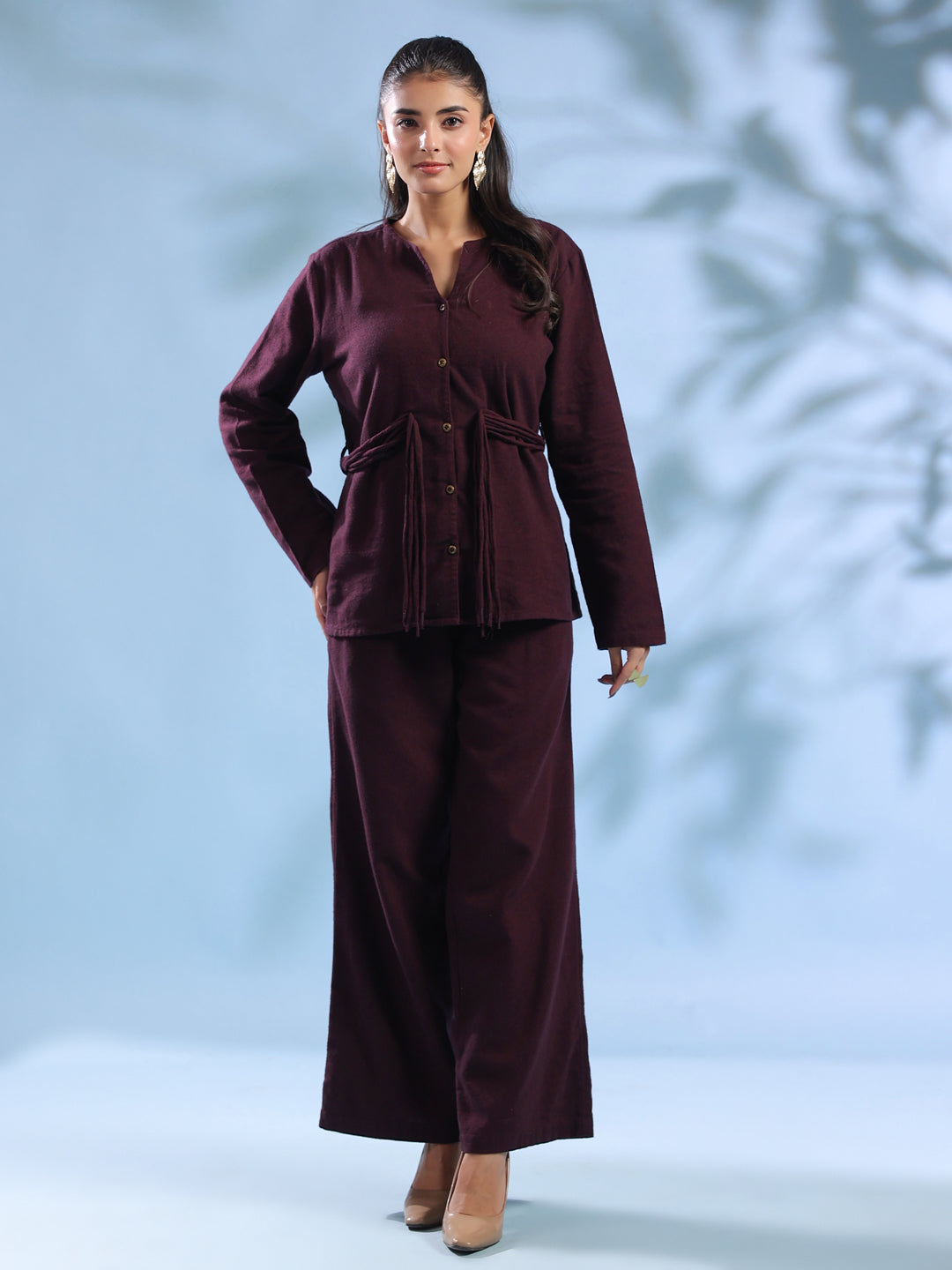 Purple Solid Round Neck Pure Cotton Co-Ord Set For Women