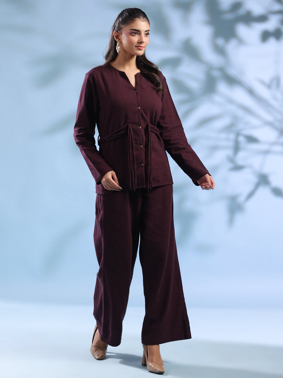 Purple Solid Round Neck Pure Cotton Co-Ord Set For Women