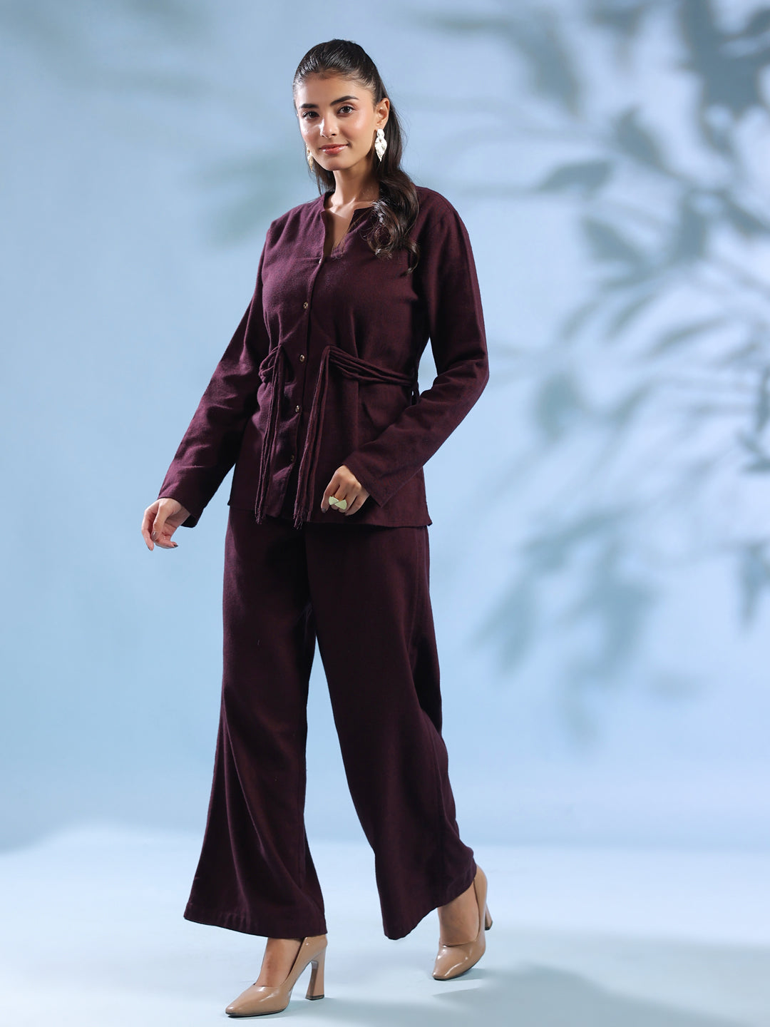 Purple Solid Round Neck Pure Cotton Co-Ord Set For Women