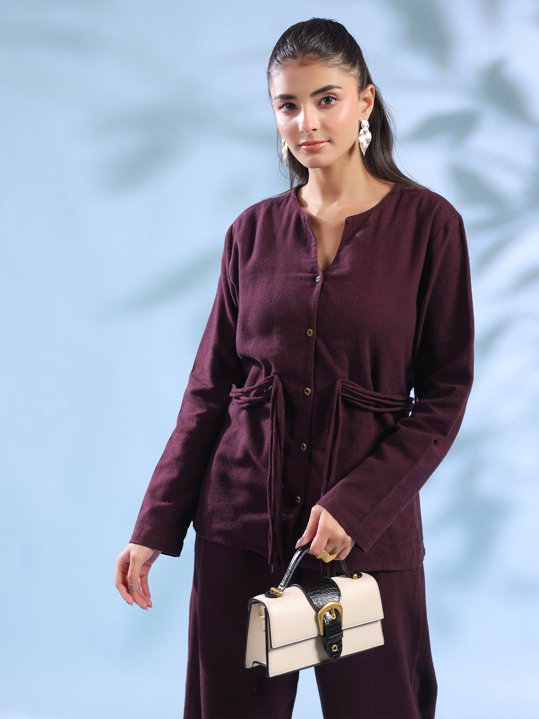 Purple Solid Round Neck Pure Cotton Co-Ord Set For Women