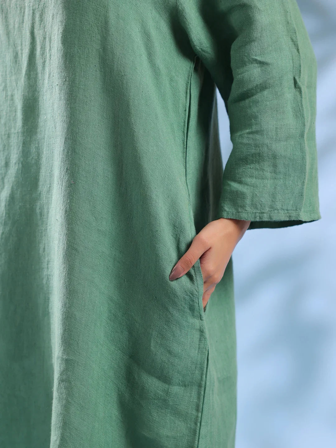 Green Solid Linen Round Neck Dress for Women - SanskrutiHomes