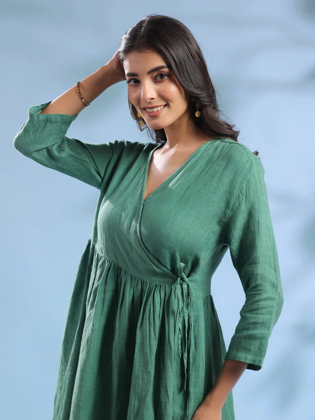 Green Solid Linen V-Neck Dress for Women - SanskrutiHomes